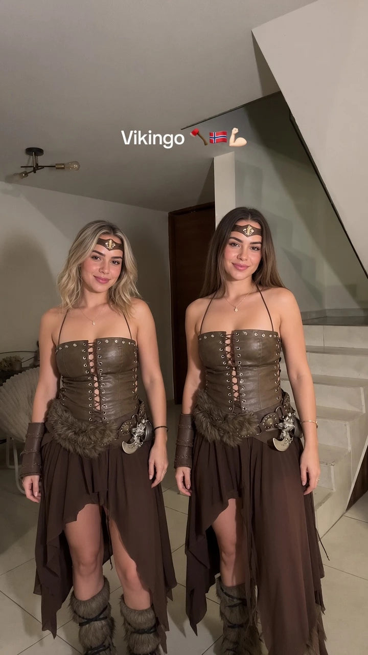 Two women wearing the brown Viking warrior corset top and asymmetrical skirt costume set with accessories