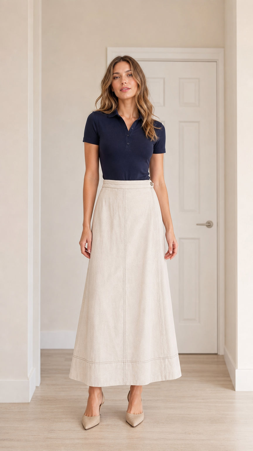 Front view of model wearing beige high-waisted A-line maxi skirt with navy polo