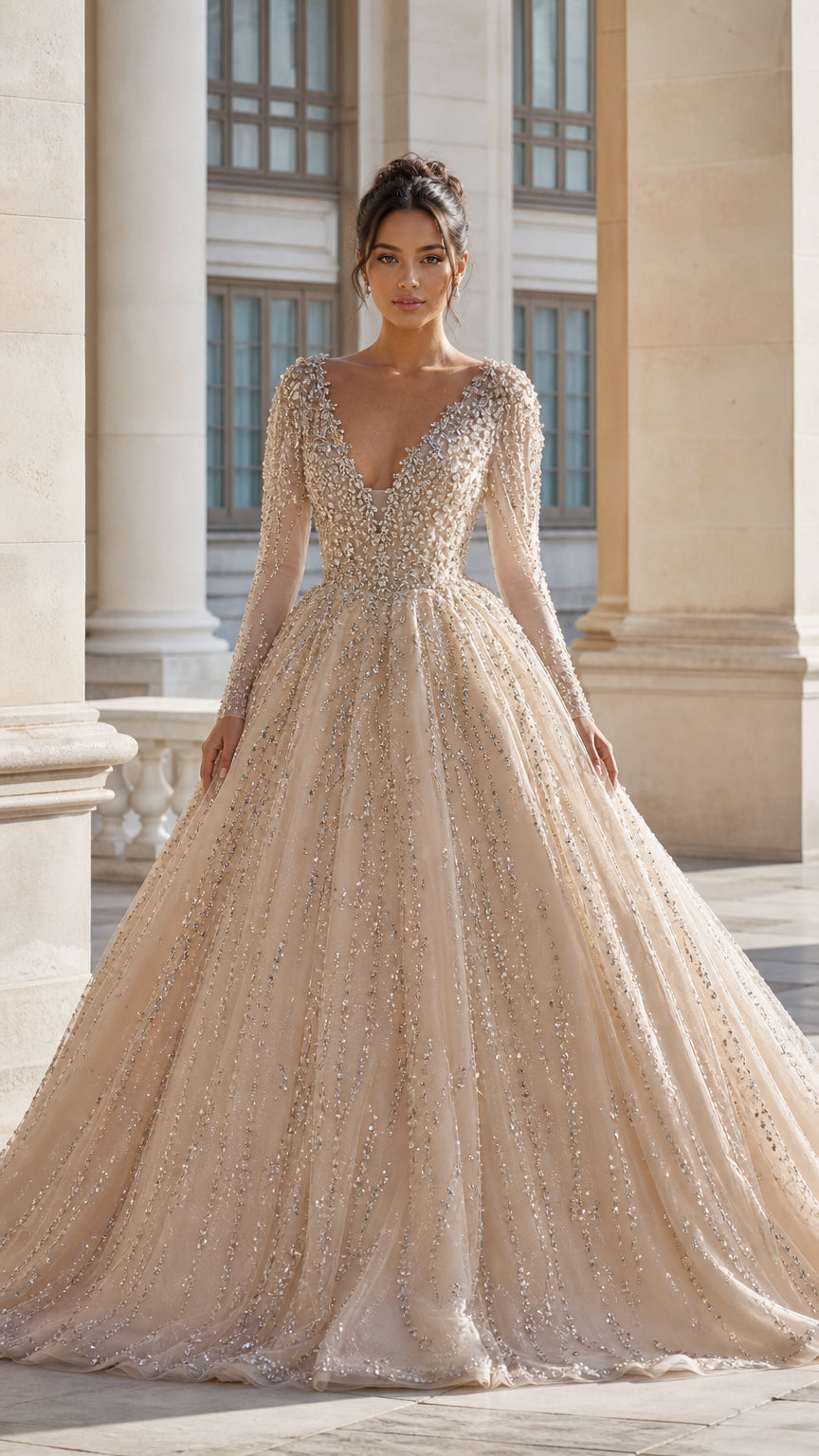 Champagne deep V-neck long sleeve beaded tulle ball gown front view