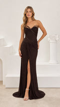 Front full-length view of model wearing espresso brown shimmer strapless evening gown with front slit