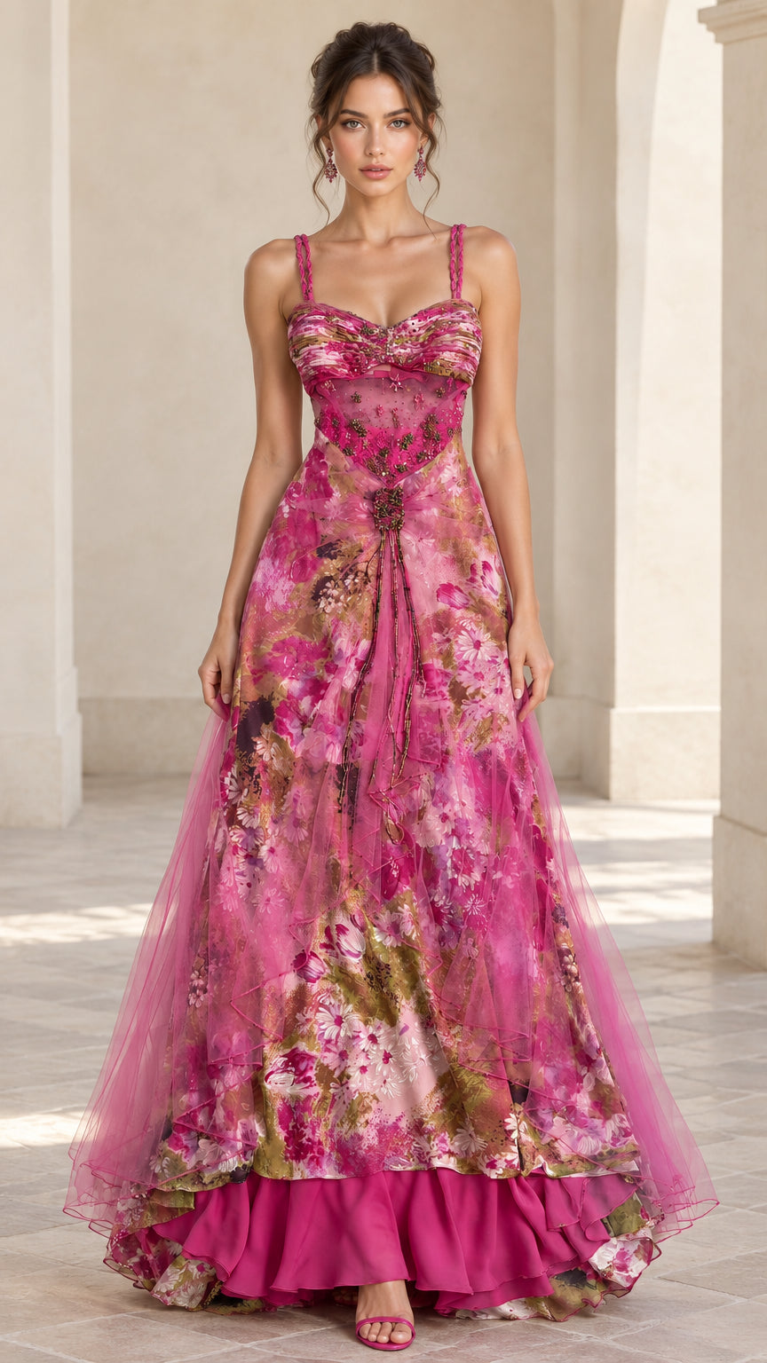 Full-length front view of fuchsia pink floral sweetheart maxi evening gown with tulle overlay