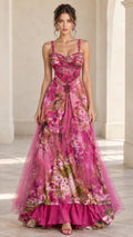 Full-length front view of fuchsia pink floral sweetheart maxi evening gown with tulle overlay