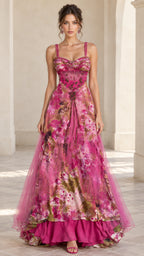 Full-length front view of fuchsia pink floral sweetheart maxi evening gown with tulle overlay