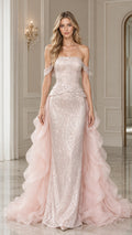 Front view of model wearing Blush Pink off-shoulder sequin mermaid gown with cascading side ruffle train