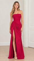Front full-length view of model wearing magenta strapless ruched maxi dress with high front slit