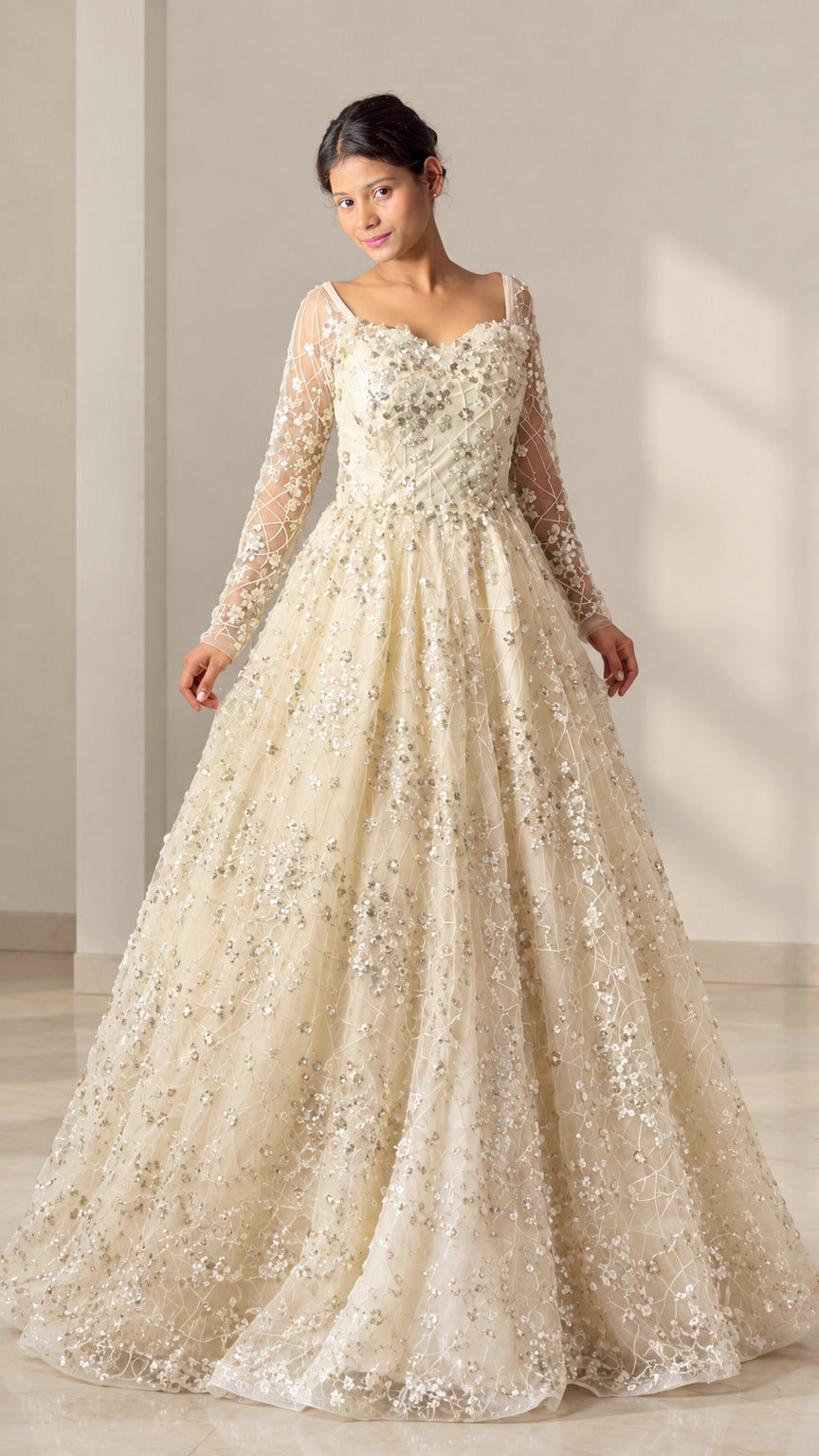 Champagne long sleeve floral sequin ballgown evening dress front view