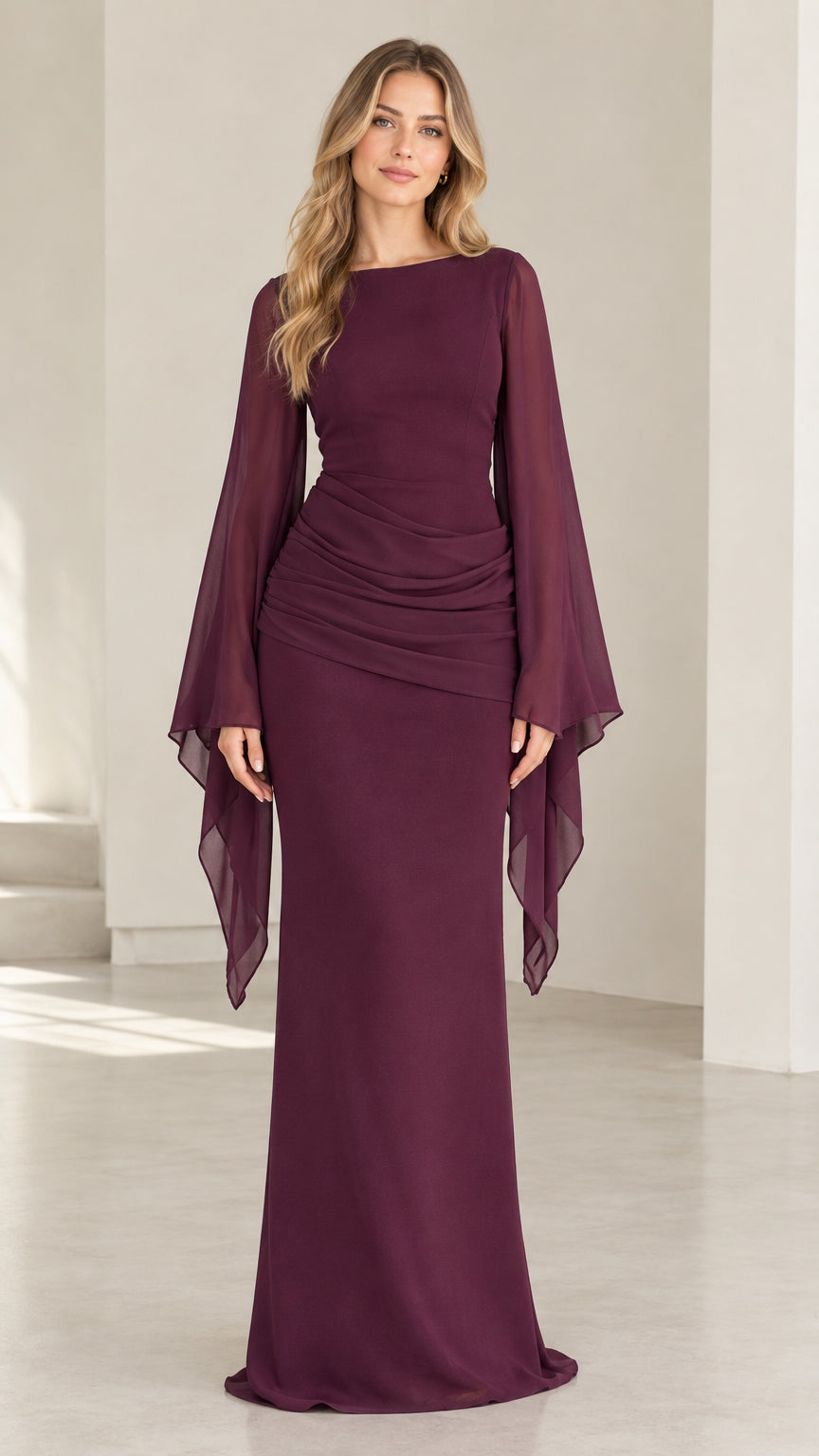 Front view of model wearing burgundy long flare sleeve ruched evening gown