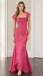 Front view of model wearing fuchsia flutter sleeve mermaid evening gown with draped neckline