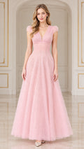 Front full view of woman wearing pink lace V-neck A-line maxi gown