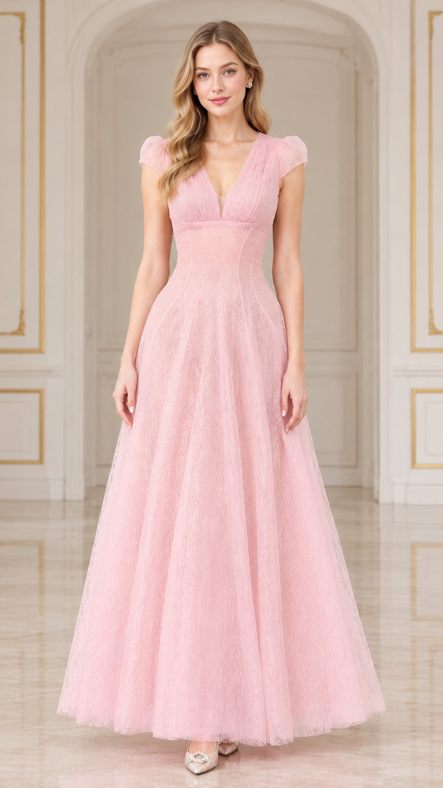 Front full view of woman wearing pink lace V-neck A-line maxi gown