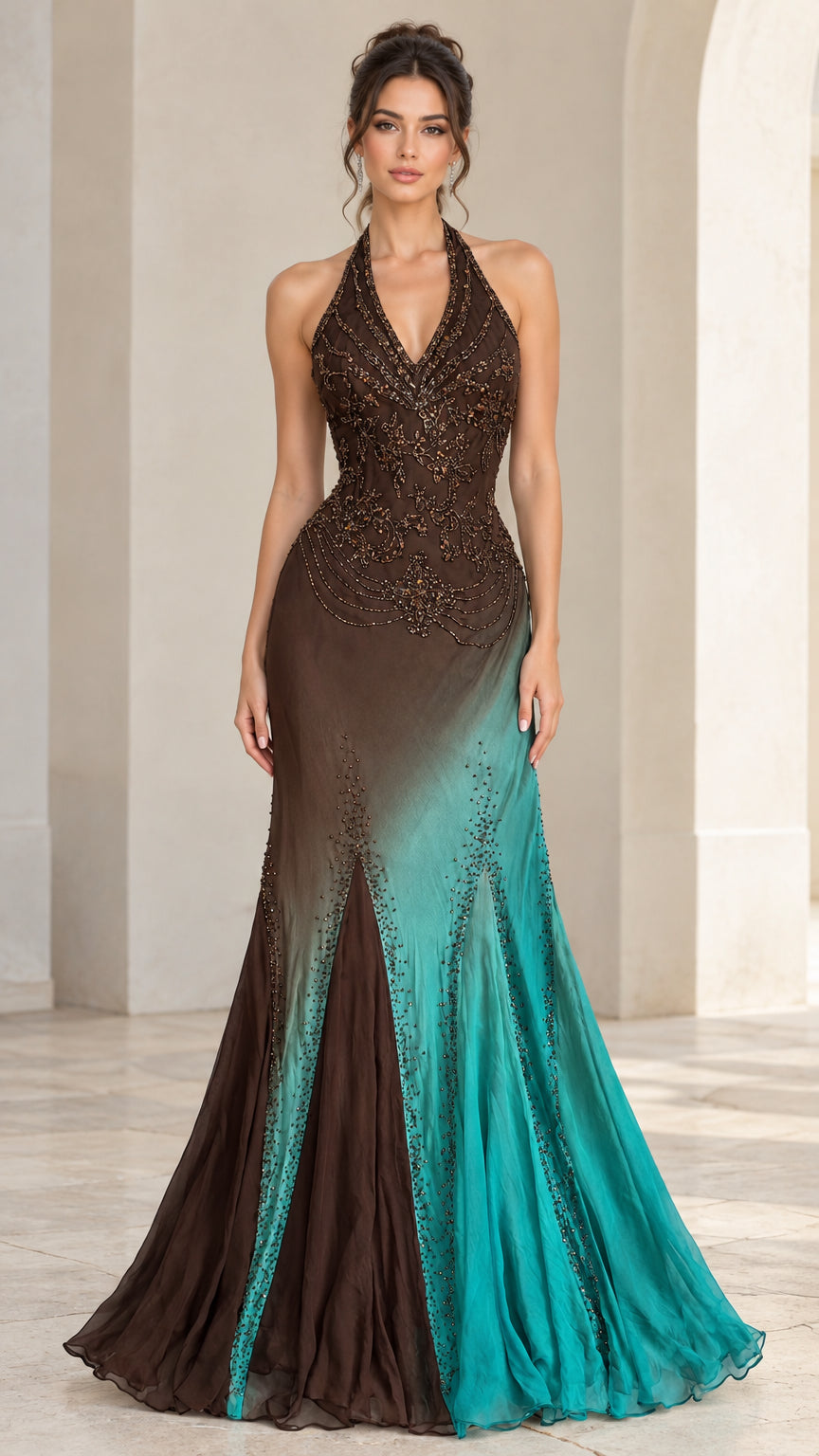 Front view of model wearing brown and turquoise ombre beaded halter evening gown