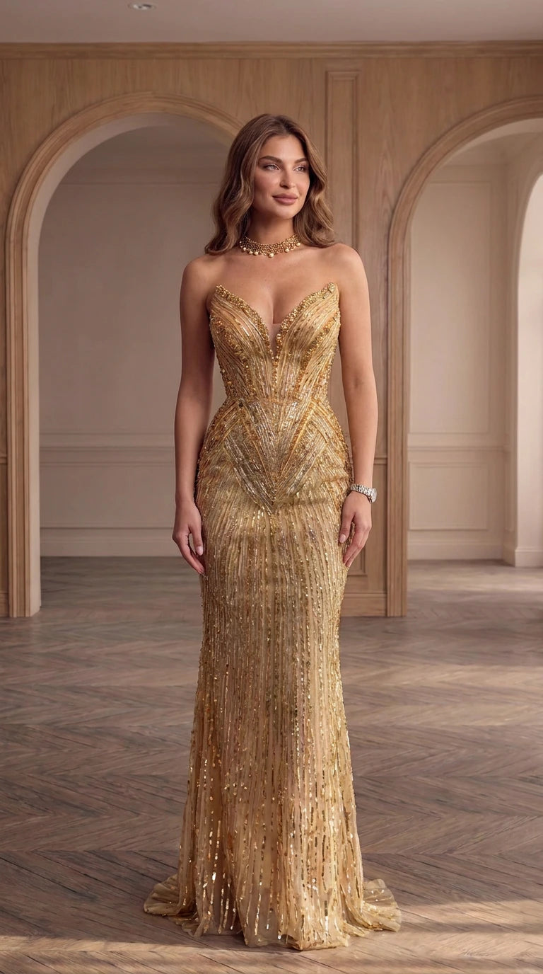 Front full-length view of model wearing gold strapless sequin corset mermaid evening gown