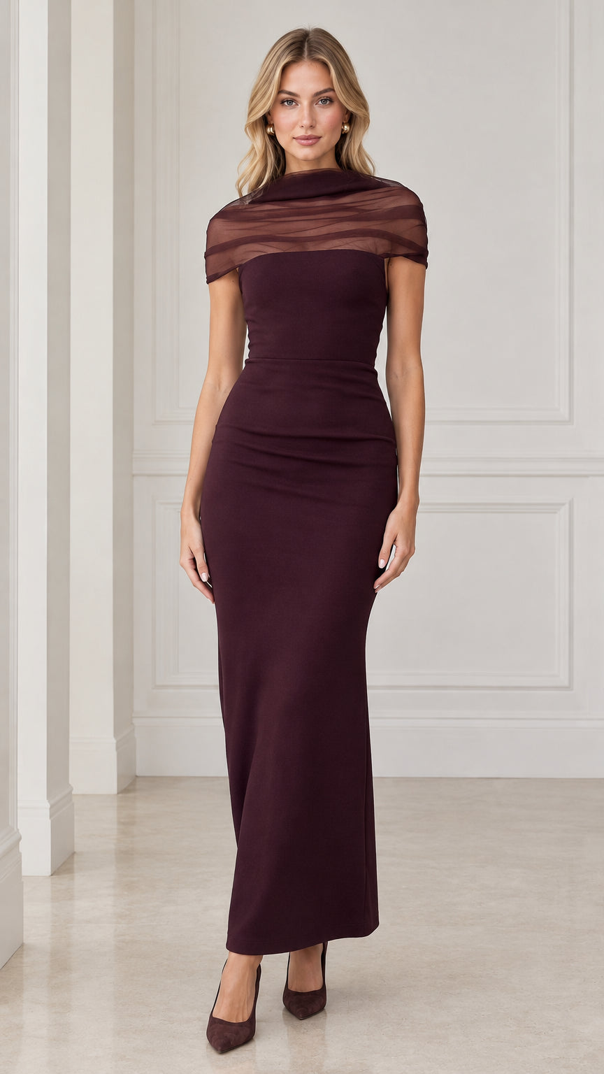 Front view of model wearing burgundy sheer cowl neck column maxi evening gown