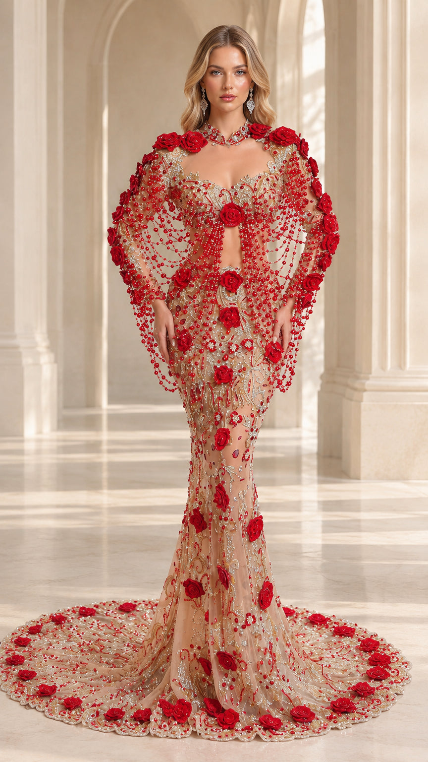 Front view of champagne mermaid evening gown with 3D red roses and beaded capelet