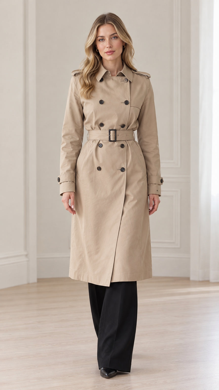 Full front view of women's beige double-breasted long trench coat with waist belt
