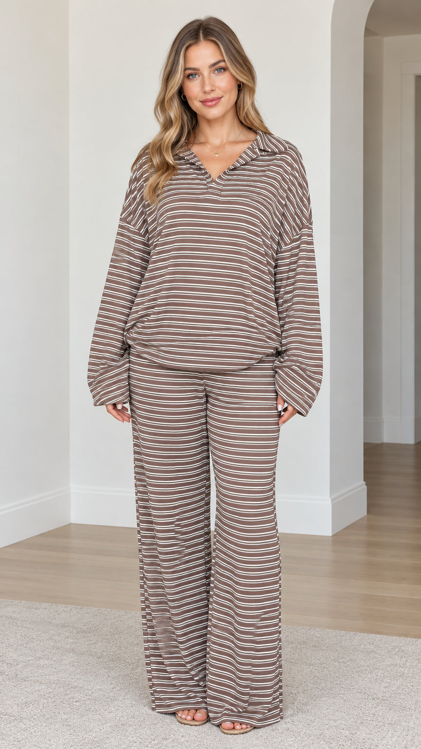 Women's brown striped two-piece loungewear set with long sleeve polo top and wide leg pants front view