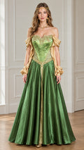Front full view of woman wearing emerald green medieval corset gown with gold embroidery and off-shoulder sleeves