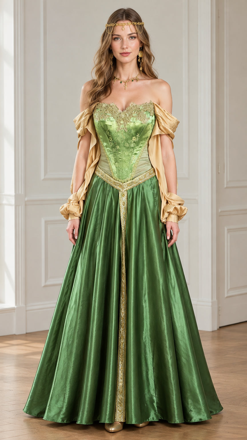 Front full view of woman wearing emerald green medieval corset gown with gold embroidery and off-shoulder sleeves