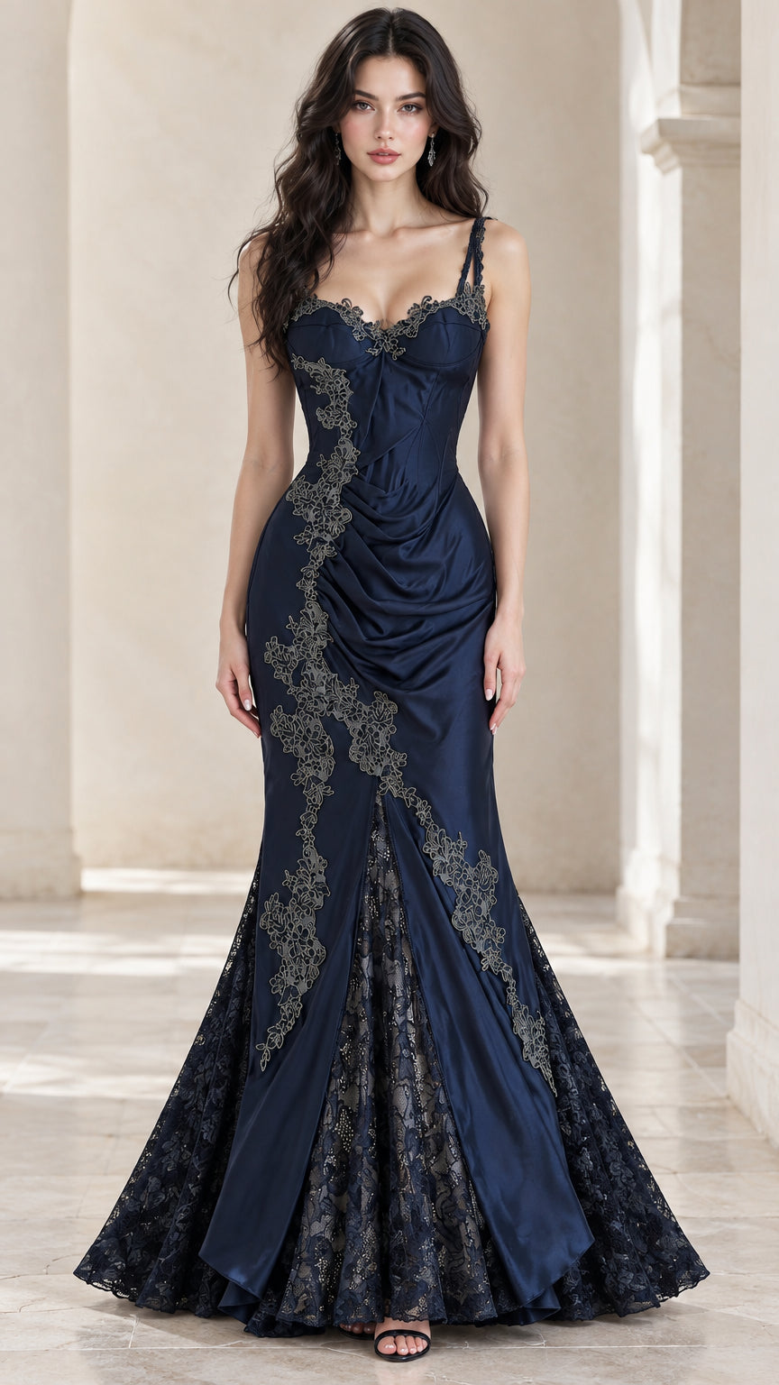 Front view of model wearing Navy Blue embroidered lace ruched satin mermaid evening gown