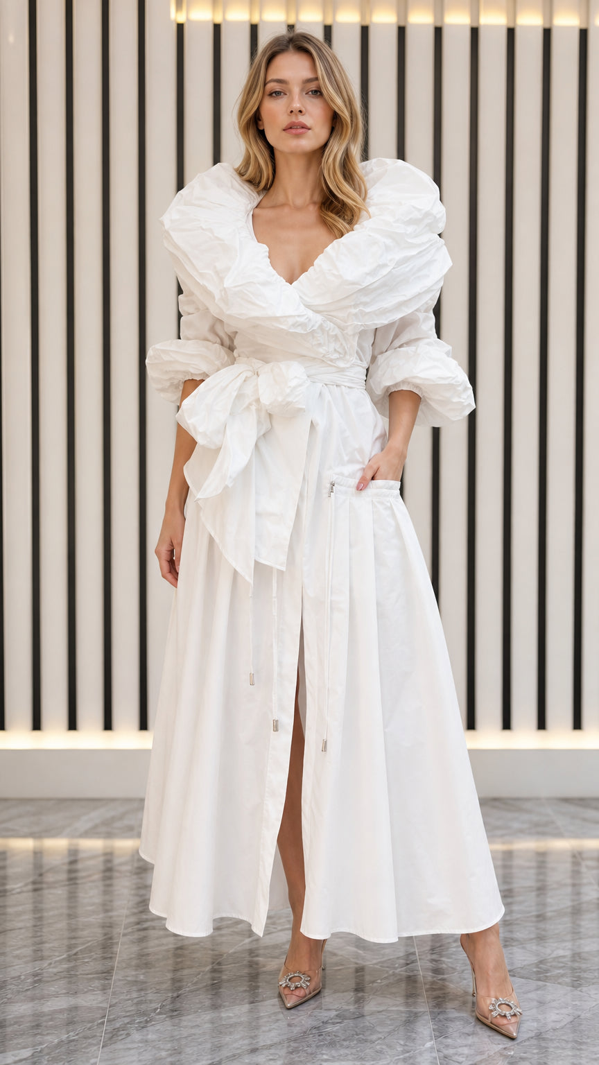 Front view of model wearing white dramatic ruched collar maxi dress with belted waist