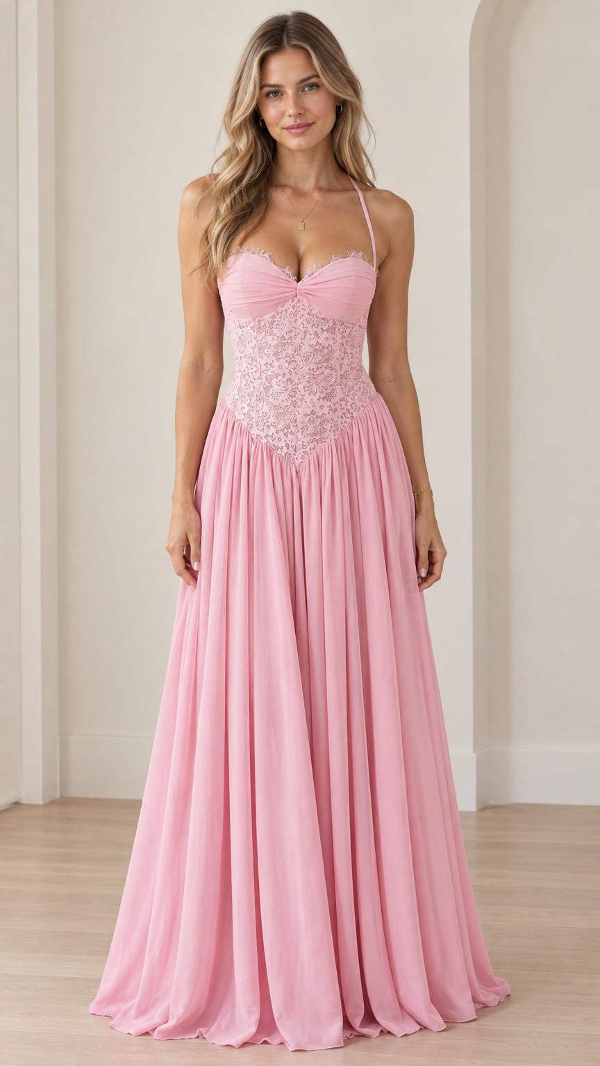 Front view of woman wearing pink corset bodice basque waist maxi dress