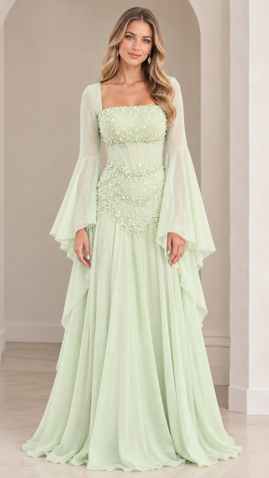 Sage green square neck formal maxi dress with beaded corset bodice and flared angel sleeves front view