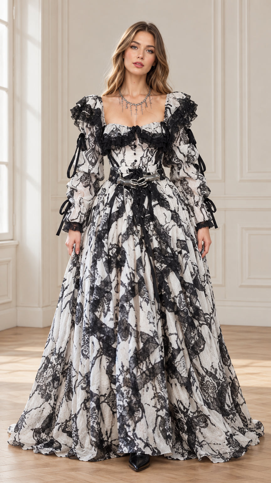 Front view of woman wearing white and black Victorian gothic ruffle trim ball gown with long puff sleeves