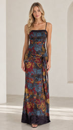 Full front view of model wearing Navy Multi abstract floral maxi dress with knotted waist detail