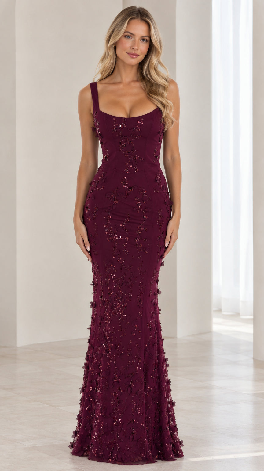Front view of model wearing burgundy sequin 3D floral applique mermaid maxi dress