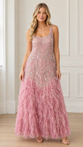 Dusty pink sleeveless maxi evening gown with beaded bodice and feathered fringe skirt front view