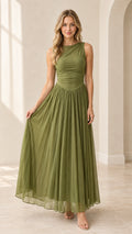 Olive green sleeveless ruched bodice pleated maxi dress front view