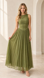 Olive green sleeveless ruched bodice pleated maxi dress front view