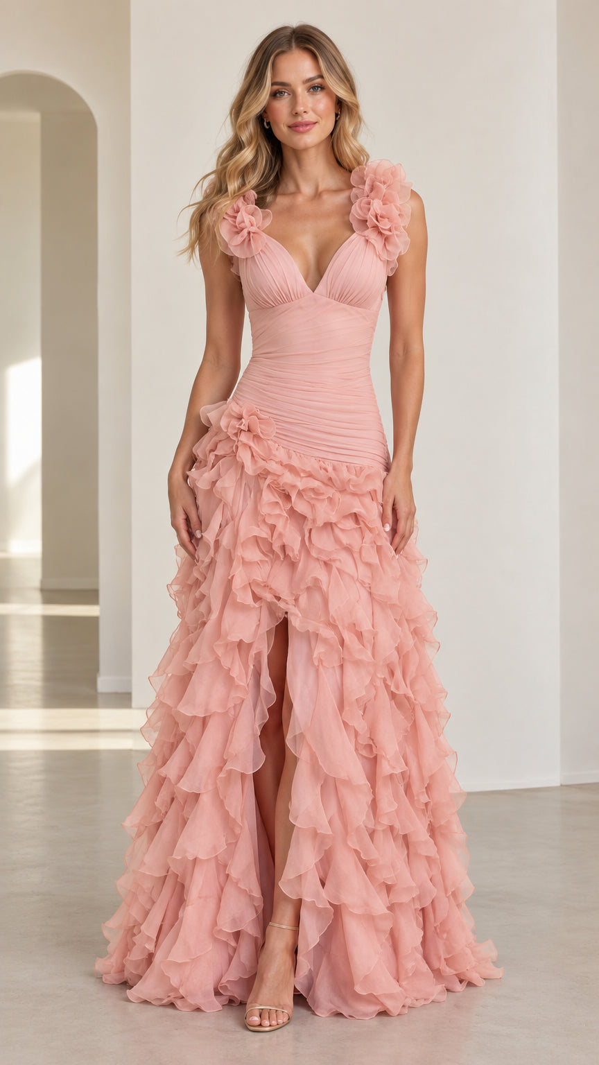 Front view of model wearing dusty pink floral applique tiered ruffle maxi evening dress with leg slit