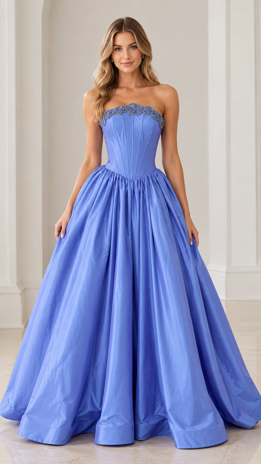 Front view of model wearing a periwinkle blue strapless basque waist ball gown with beaded neckline