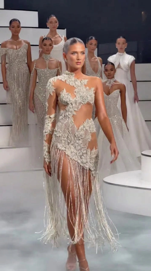 Ivory asymmetric high-neck lace fringe evening gown runway front view