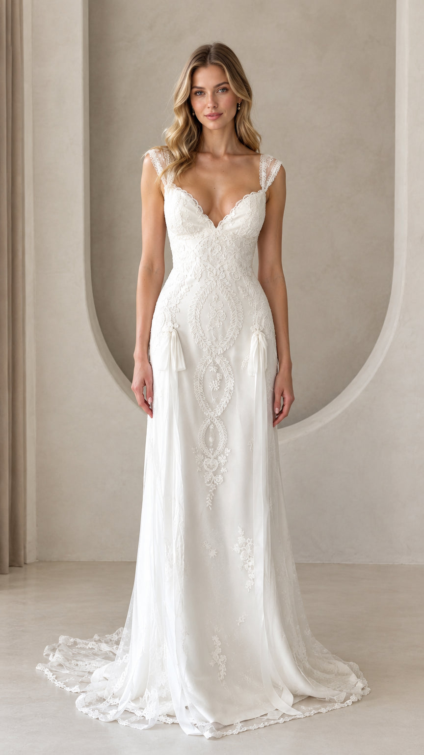 Front view of model wearing white embroidered lace maxi wedding dress with sweetheart neckline