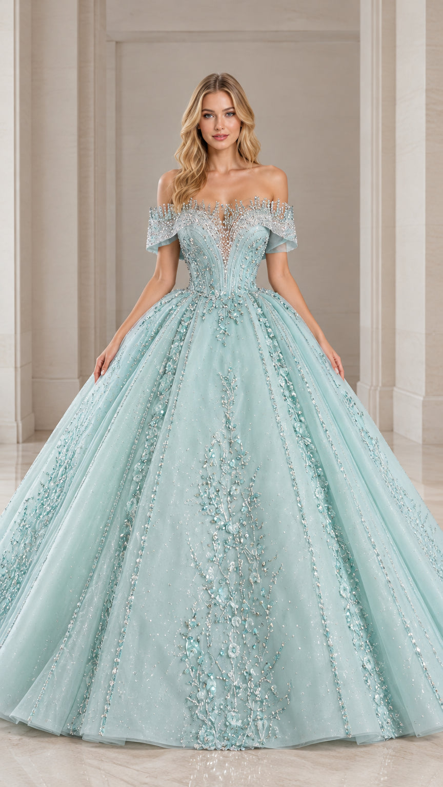 Front full-length view of mint green off-shoulder beaded tulle ball gown
