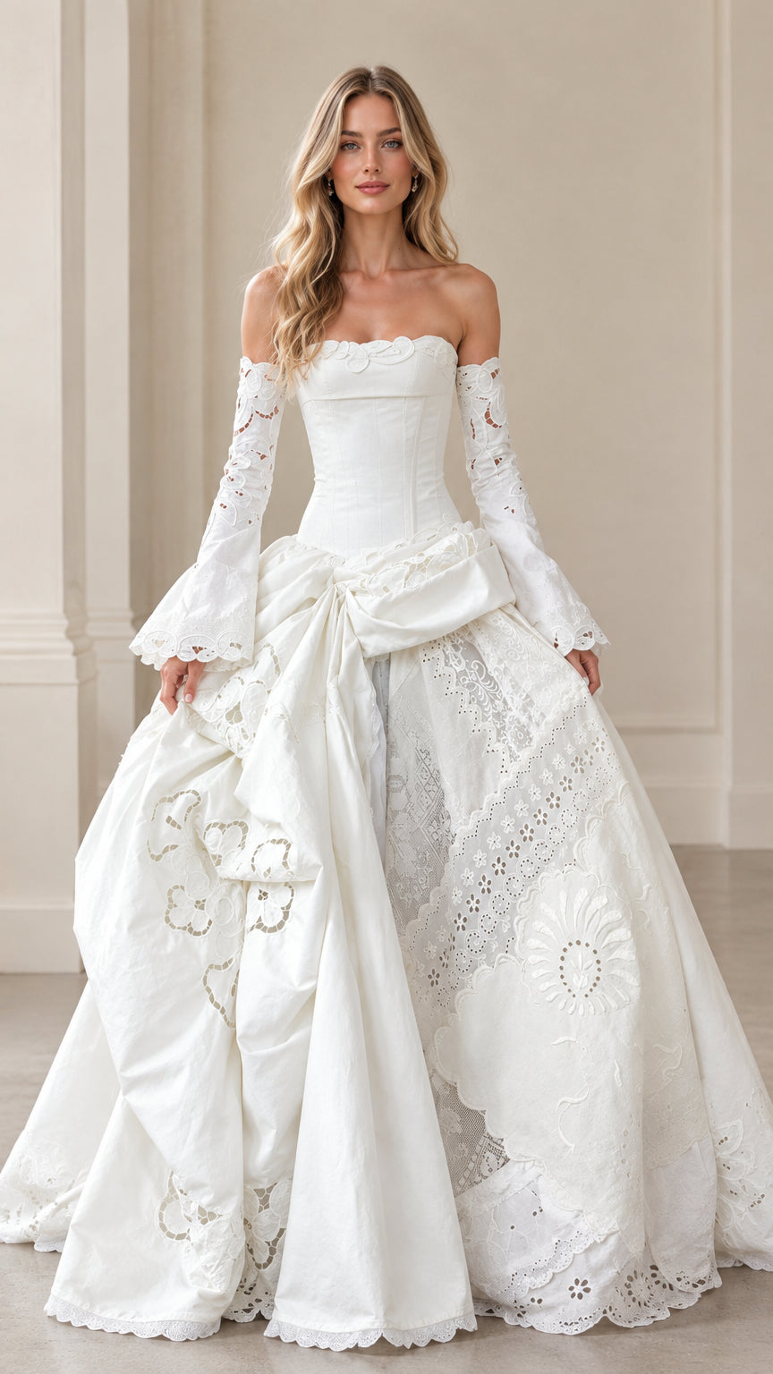 Front view of ivory vintage corset ball gown with lace bell sleeves and draped eyelet skirt
