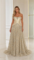 Front view of model wearing a Champagne strapless beaded corset evening gown with sequin skirt