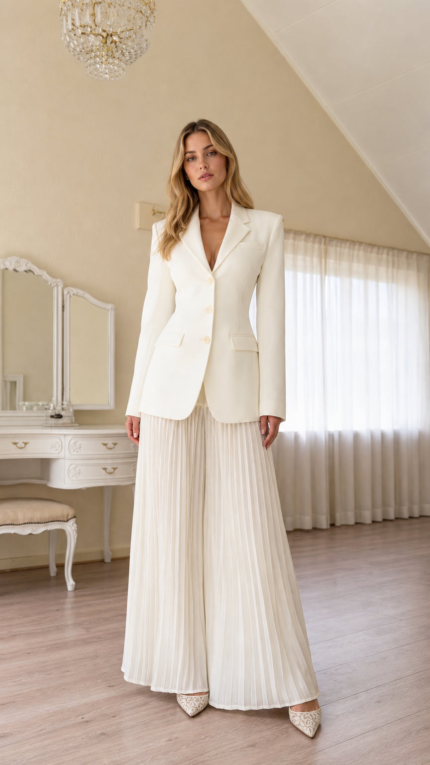 Front view of woman wearing ivory tailored blazer with matching pleated wide-leg trousers