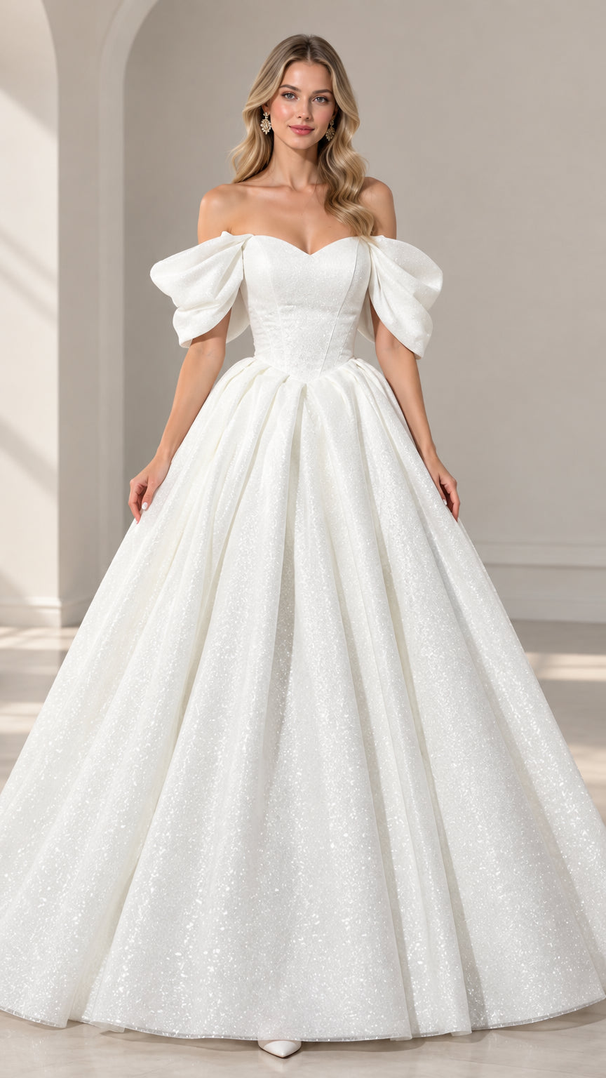 Front view of model wearing white off-shoulder glitter ball gown with puff sleeves