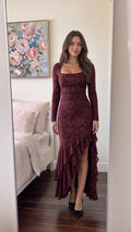 Burgundy square neck long sleeve floral textured maxi dress with tiered ruffle hem front view