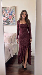 Burgundy square neck long sleeve floral textured maxi dress with tiered ruffle hem front view