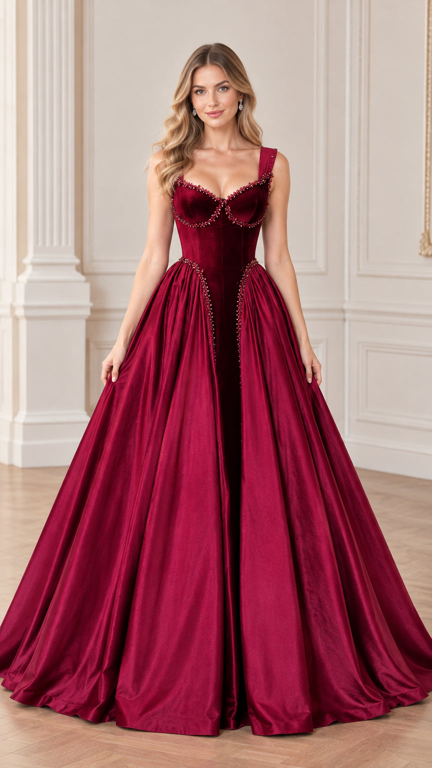 Burgundy sweetheart basque waist ball gown with beaded corset bodice front view