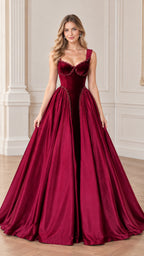 Burgundy sweetheart basque waist ball gown with beaded corset bodice front view