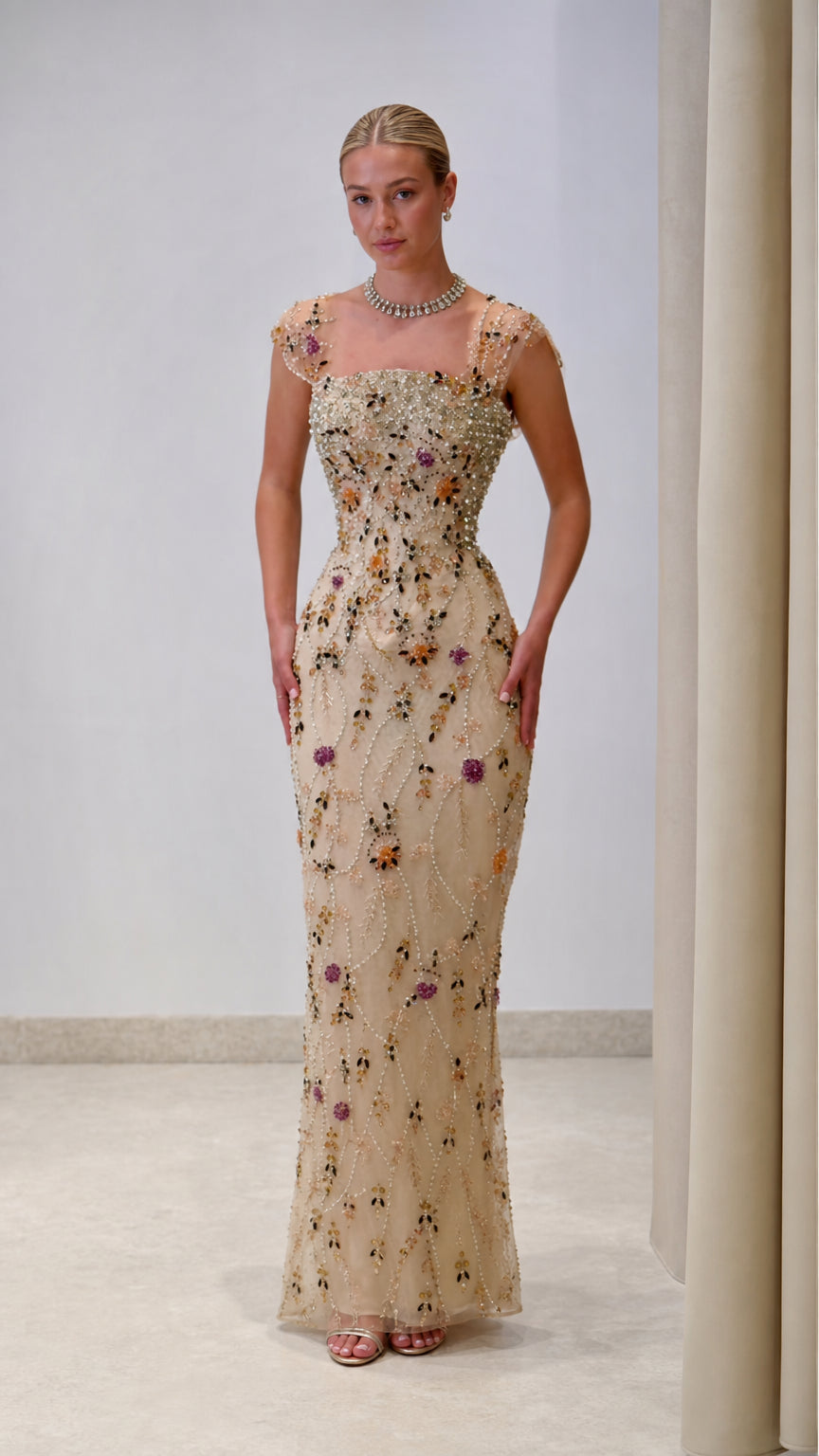 Champagne floral beaded square neck column evening gown front view