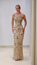 Champagne floral beaded square neck column evening gown front view