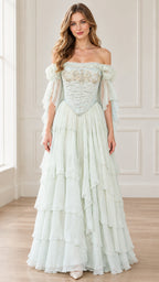 Front full view of woman wearing Mint Green off-shoulder embroidered corset maxi dress with tiered ruffle skirt