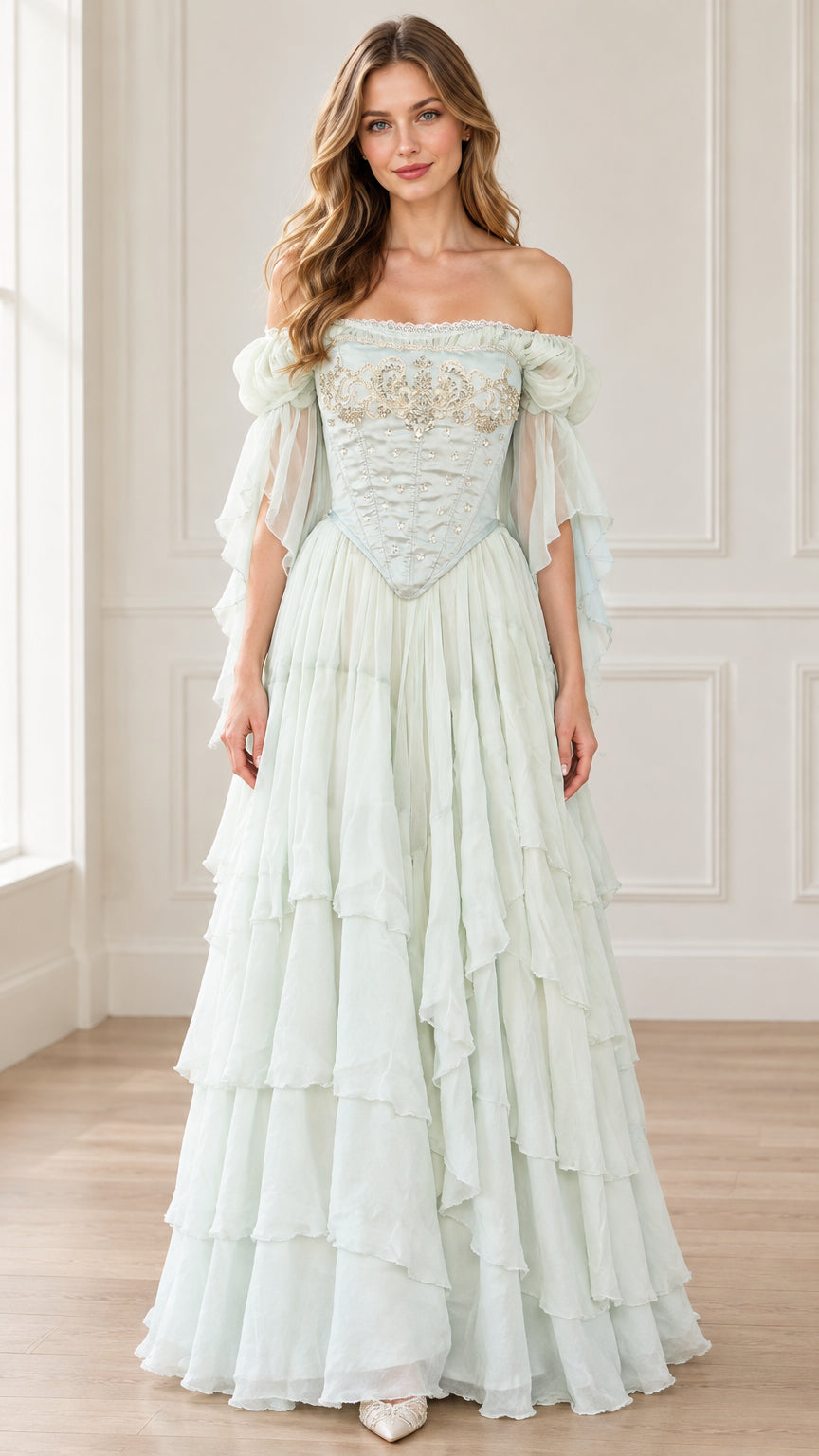 Front full view of woman wearing Mint Green off-shoulder embroidered corset maxi dress with tiered ruffle skirt