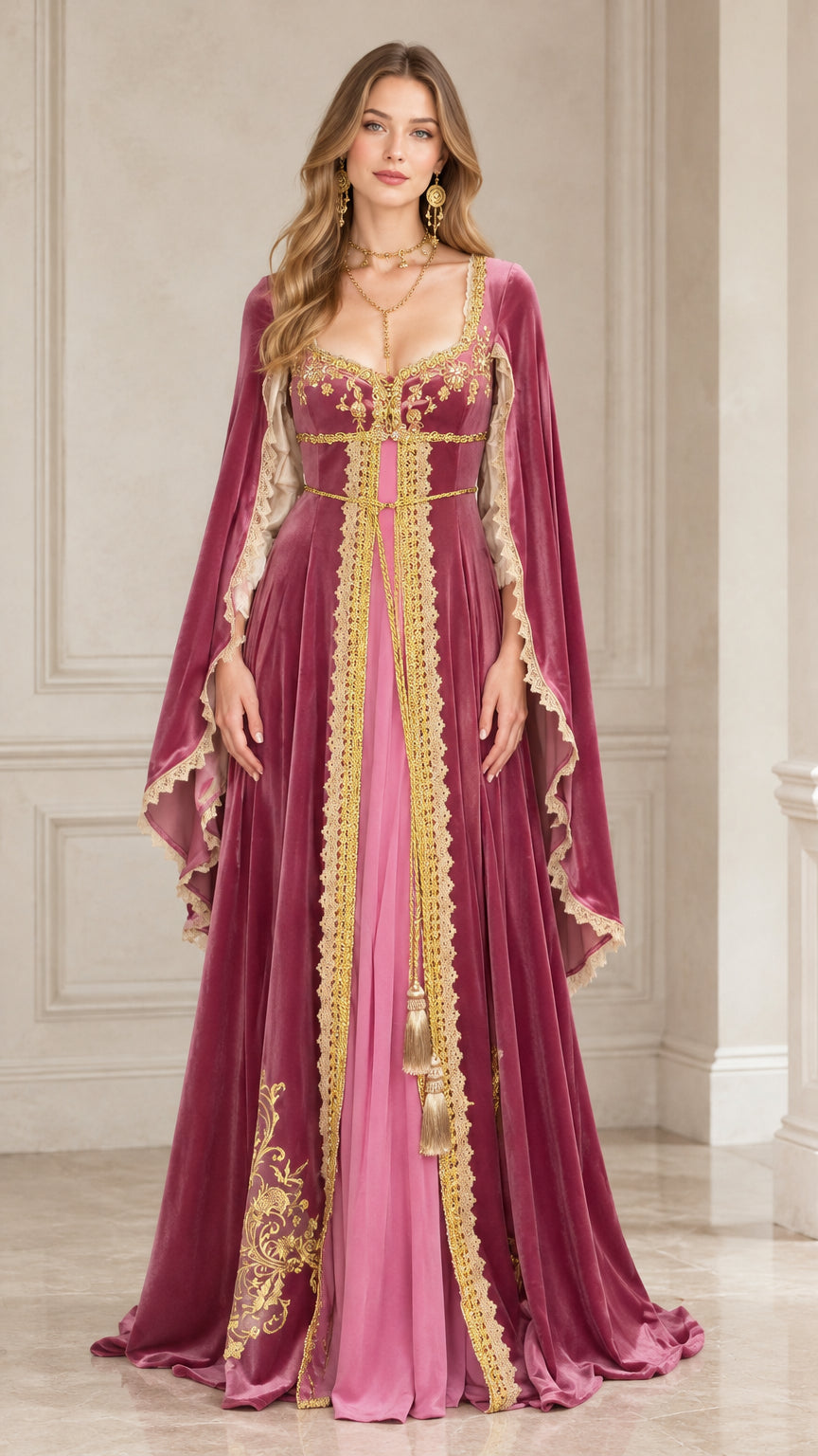 Front view of woman wearing dusty rose Renaissance velvet maxi gown with gold trim and cape sleeves